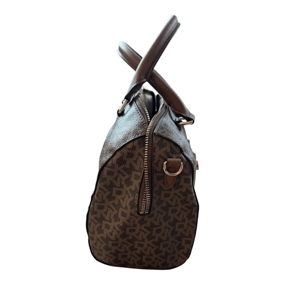 DKNY brown monogram bag is a DKNY Bryant Boston tote featuring an all-over logo